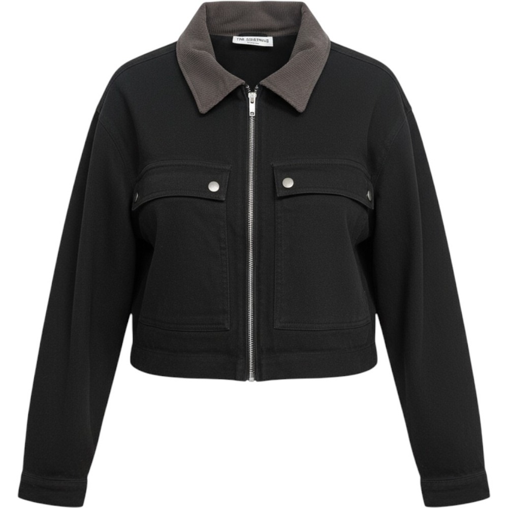 No Boundaries Women XL Black Cropped Utility Jacket Brown Corduroy Collar Zip Up